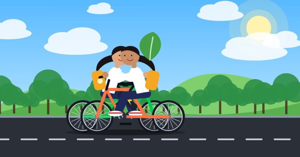Girl riding an electric cycle with icons for savings, health and environment
