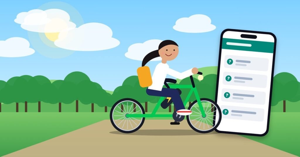 Girl student with question marks and speech bubbles about electric cycle schemes