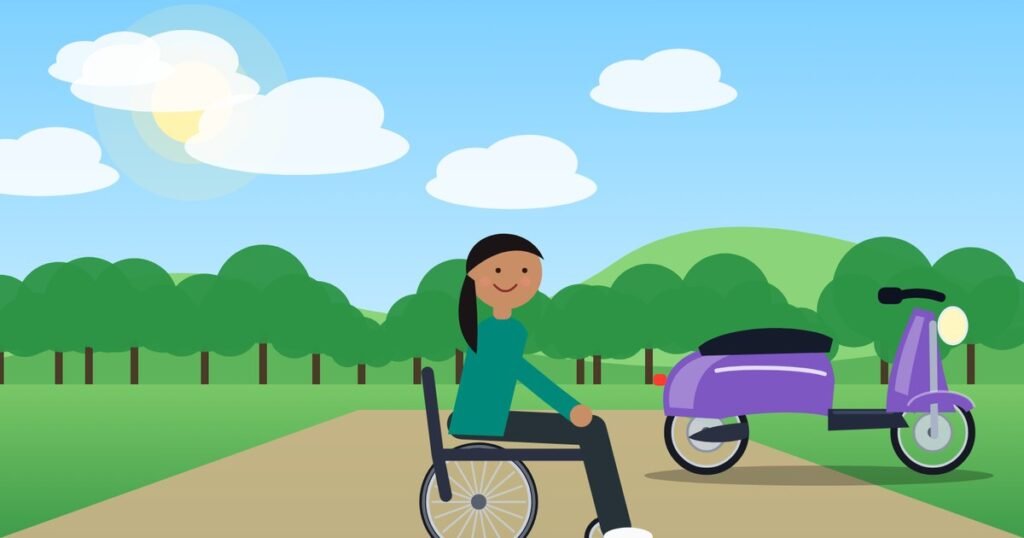 Person using a wheelchair beside a scooter with the accessibility symbol