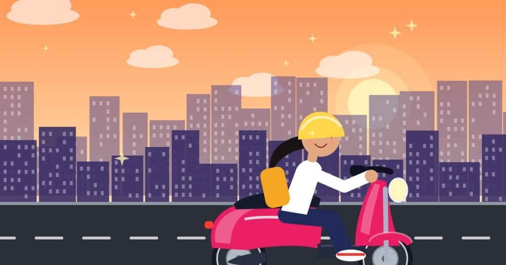 Girl student standing beside a pink scooty outside a college campus