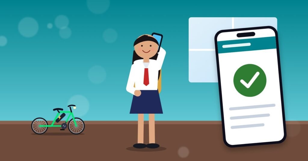 Smartphone application form beside an electric cycle with three numbered steps