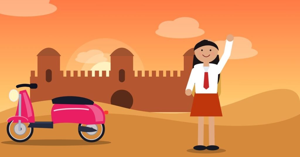Girl student riding a scooter in front of a Rajasthan fort at sunset